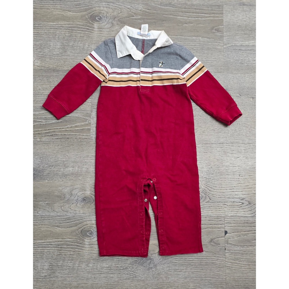 Janie and Jack Rugby Stripe Penguin Long‎ Sleeve Baby Romper 12 18 Months